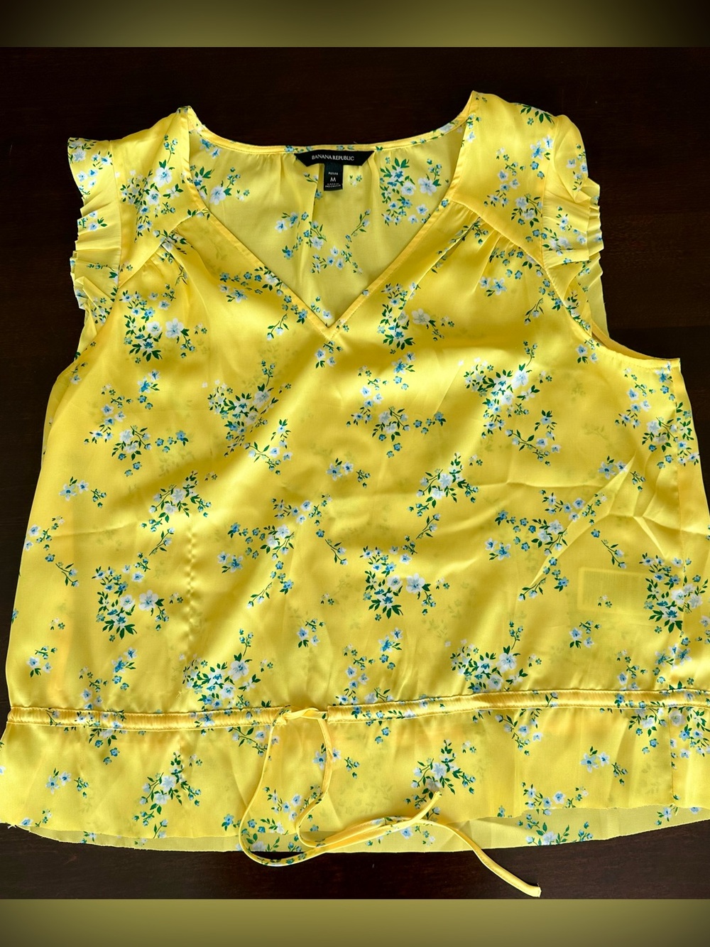 Banana Republic Yellow Floral V-Neck Sleeveless Drawstring Top